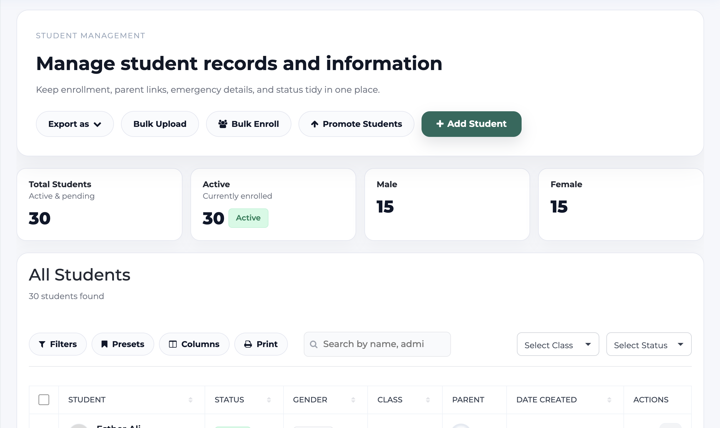 EBingwa student management for Kenyan schools – student records, admission, guardian contacts and CBC portfolios